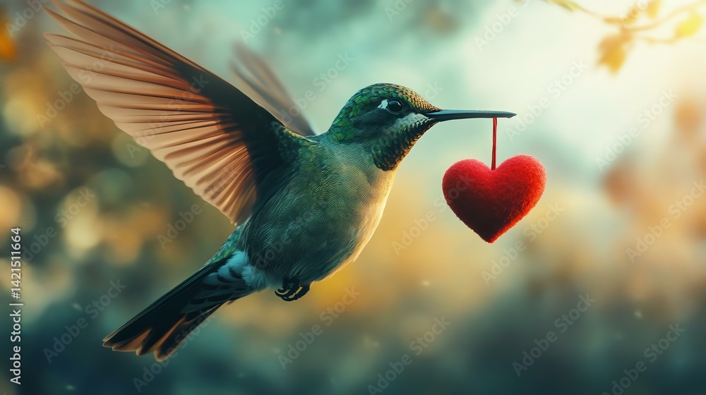 Fototapeta premium A vibrant hummingbird carrying a red heart pendant while hovering in a softly lit background, symbolizing love and nature's beauty.