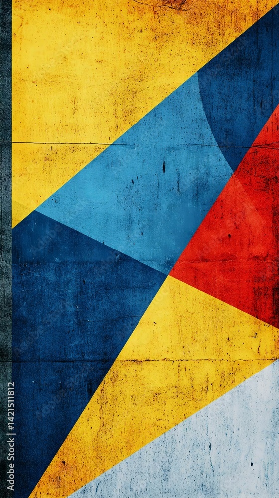 Fototapeta premium Vibrant abstract geometric shapes in yellow, blue, red, and grey tones creating a modern textured background.
