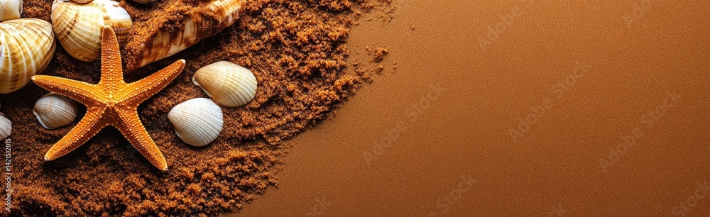 Seashells and starfish on brown surface Seashells and starfish on brown surface