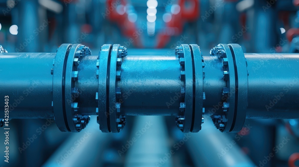Fototapeta premium Industrial Pipe Connection with Flanges in Modern Factory, Showing Metallic Surface and Engineering Design