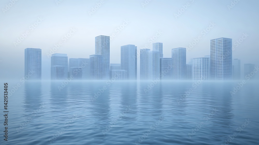 Obraz premium Misty city skyline reflected on water