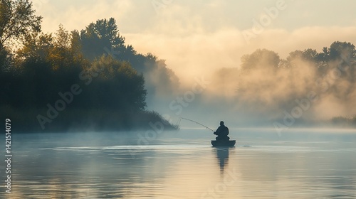 Fisherman on foggy river at sunrise, tranquil nature