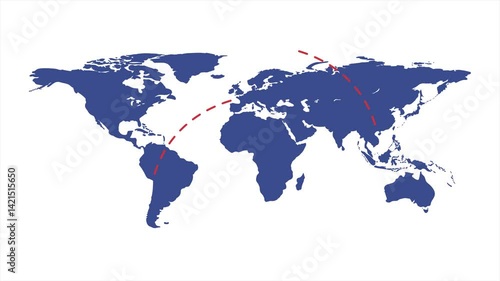 World map of airline airplane flight path. Travel around the world plane route. Motion Animation. Video available in 4K FullHD and HD render footage