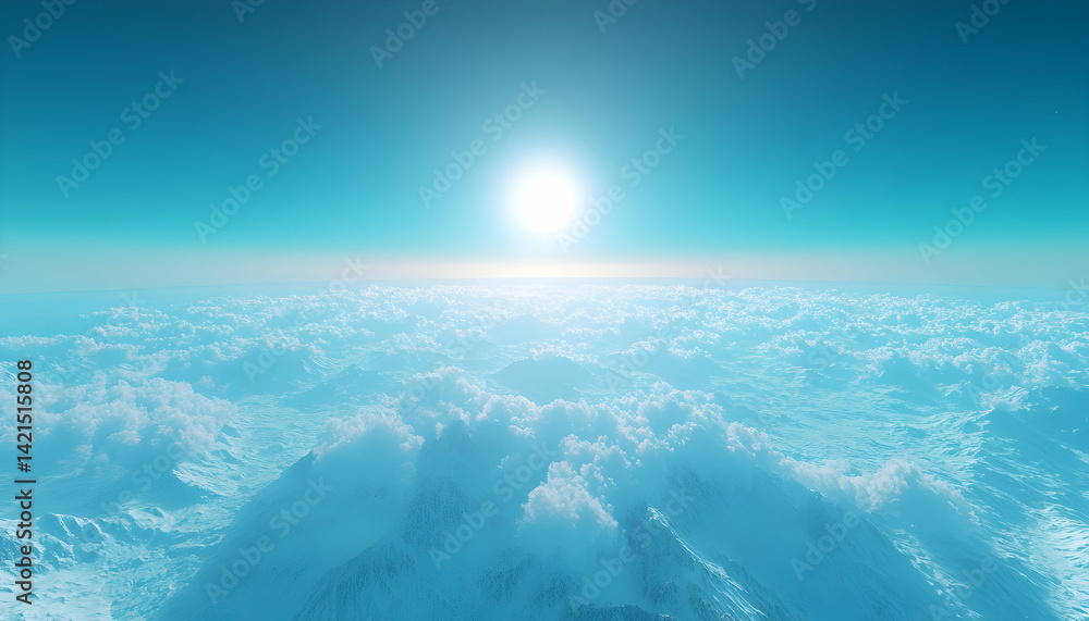 Fototapeta premium Serene aerial view of snow-capped mountains peeking through a vast expanse of fluffy clouds under a bright, clear sky. A breathtaking, peaceful landscape perfect for travel or nature themes.