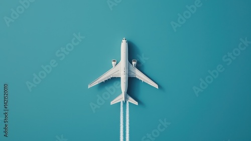 White Airplane Flying Above Turquoise Background with Contrail, Minimalist Aesthetic for Travel and Aviation Themes