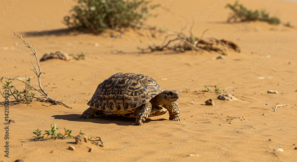 Obraz premium Walking Turtle in Desert Landscape Sand Dunes
