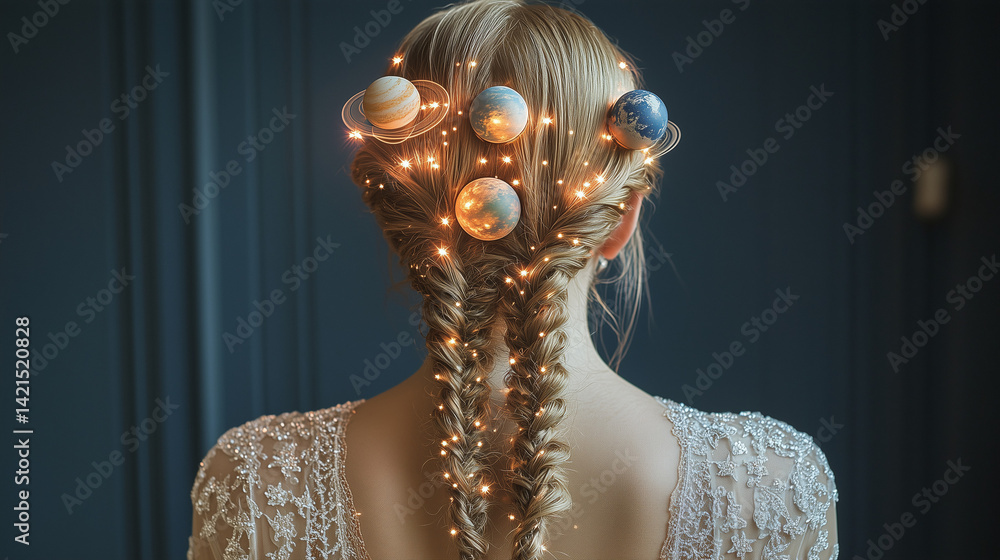 Obraz premium Celestial Bridal Braids: Ultra-Realistic Macro Shot of Glowing Planets & Stars in Hair – Champagne Gown Against Midnight Blue