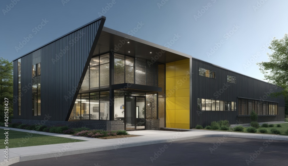 Modern Black and Yellow Office Building Design: Architectural Marvel with Striking Geometric Facade, Evening Lighting Modern Black and Yellow Office Building Design: Architectural Marvel with Striking Geometric Facade, Evening Lighting