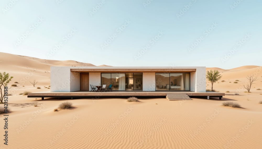 Modular eco home in desert, futuristic living, 3D illustration
