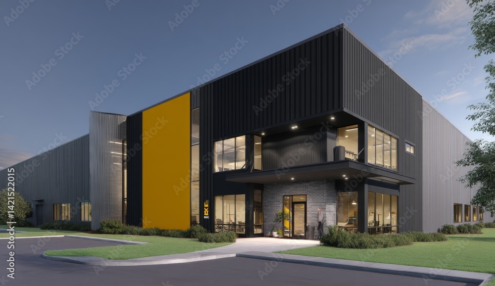 Modern Industrial Building Design: Exterior Architecture with Yellow Accent Wall at Dusk Modern Industrial Building Design: Exterior Architecture with Yellow Accent Wall at Dusk