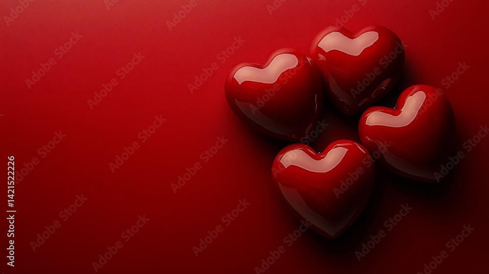 Fototapeta premium Four glossy red hearts are arranged on a red background