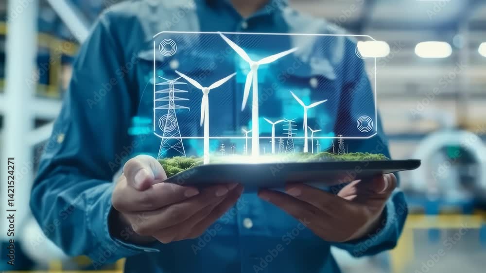 Close-up person holding tablet displaying graphic representation wind turbines, power grids. The image symbolizes clean energy, environmental awareness, and technological advancements in industrial Close-up person holding tablet displaying graphic representation wind turbines, power grids. The image symbolizes clean energy, environmental awareness, and technological advancements in industrial