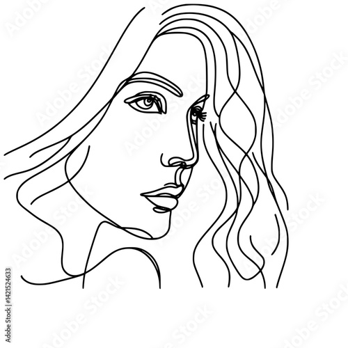 girl with long hair, Abstract Line Art Portrait with Blurred Face, abstract line drawing of a person's head and flowing hair, with the facial features intentionally blurred