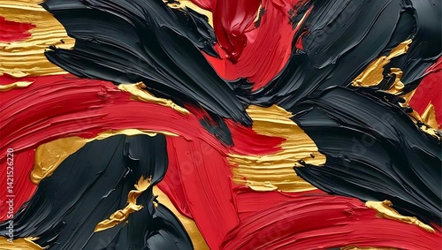 Abstract art wallpaper with bold brushstroke textures, deep contrasts between black, crimson red, and gold, evoking a sense of raw emotion and movement.