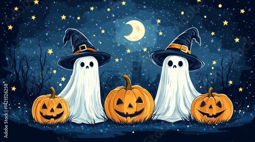 Halloween scene depicting ghosts pumpkins moon stars and trees
