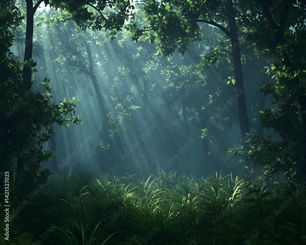 Fototapeta premium Mystical sunbeams pierce a lush, fog-laden forest, illuminating vibrant green undergrowth. A serene and enchanting natural scene.