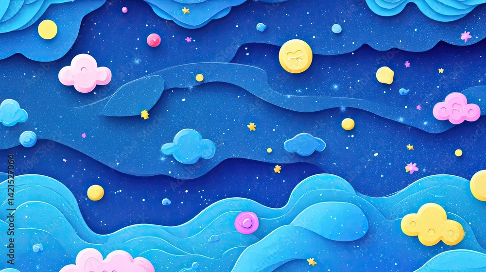 Obraz premium Whimsical Papercut Night Sky: Dreamy Blue Waves, Fluffy Clouds, and Sparkling Stars