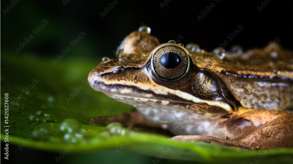 A macro shot of a frog resting on a leaf with water droplets on its skin, highlighting its delicate features and vibrant colors. A macro shot of a frog resting on a leaf with water droplets on its skin, highlighting its delicate features and vibrant colors.