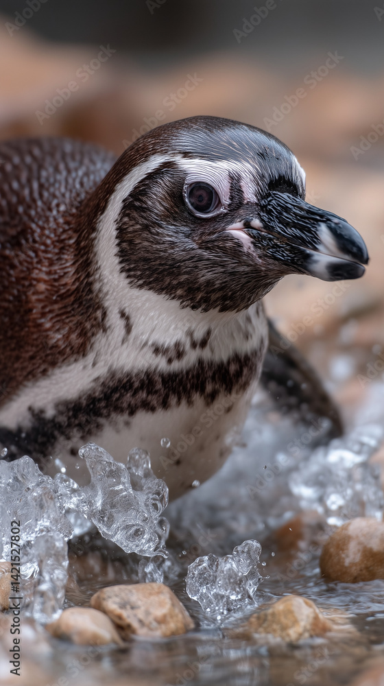 Fototapeta premium A close-up of a penguin standing in shallow water, with splashes of water and pebbles highlighting its unique features.