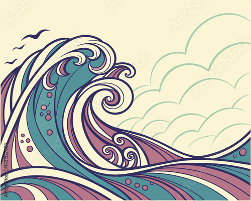 Abstract Waves in Colorful Style Representing Oceanic Motion  