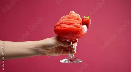 Refreshing strawberry slush in glass held by female hand against pink background