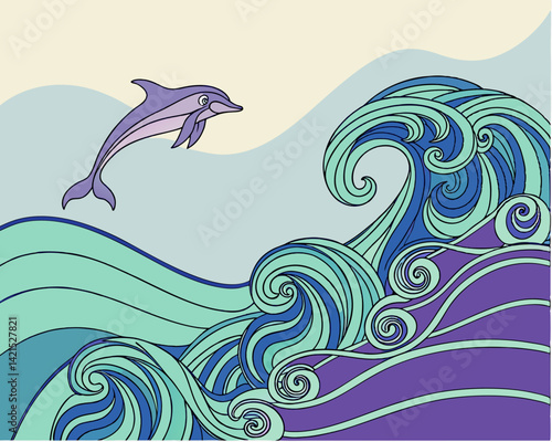 Dolphin jumping over colorful waves in a vibrant ocean background  