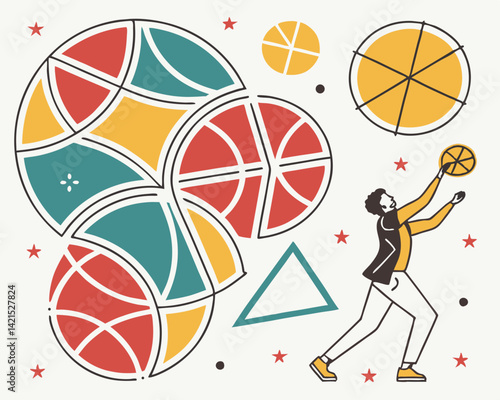 Geometric shapes depicting a basketball player shooting against abstract patterns  