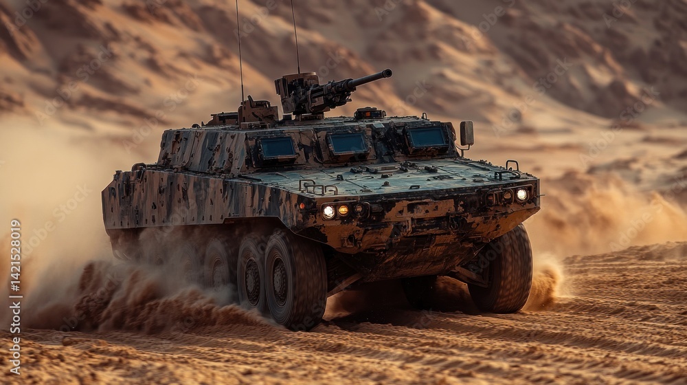 Fototapeta premium Military Armored Vehicle in Desert Terrain