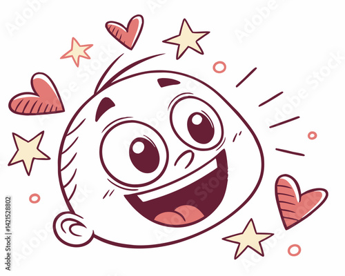 Happy child emoji drawing surrounded by stars and hearts  