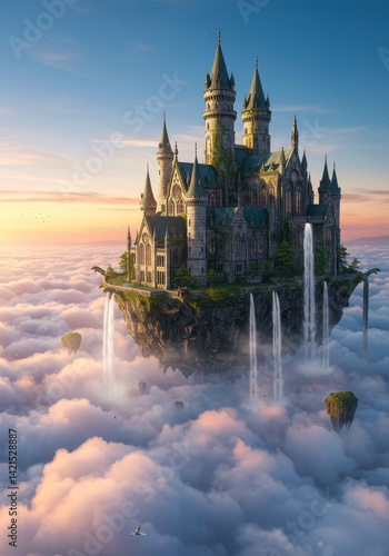 Wallpaper Mural Majestic castle soaring above a sea of clouds with cascading skyward waterfalls Torontodigital.ca
