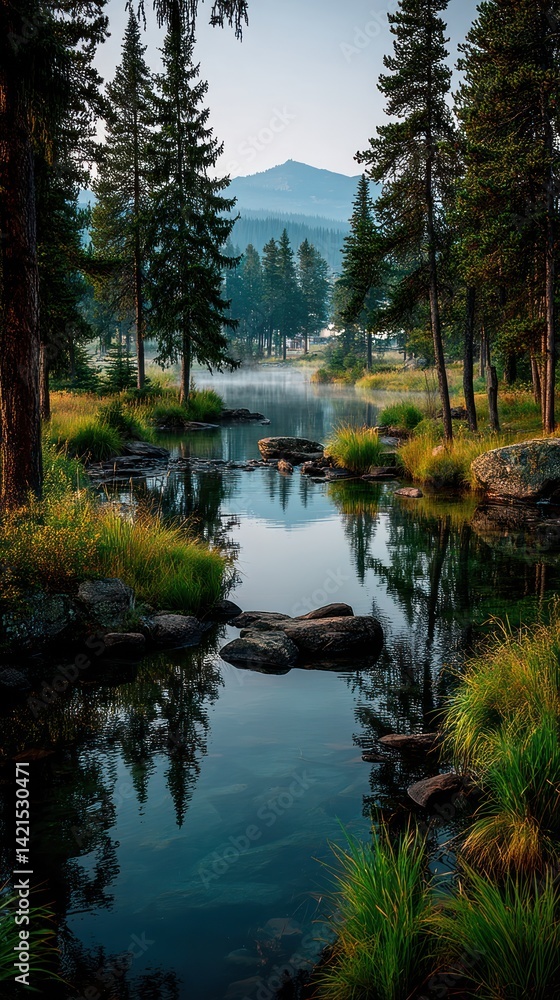 Obraz premium Misty Mountain Stream Reflection