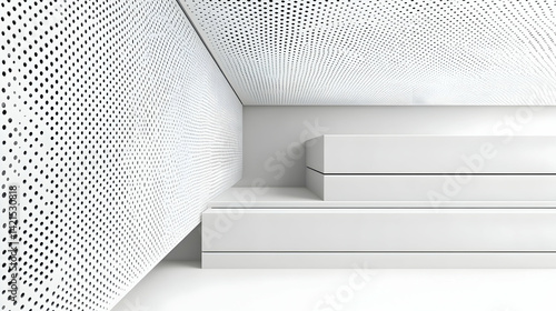 Modern minimalist architecture interior with perforated metal wall and stepped platform.  Clean lines and white tones create a sophisticated and sleek aesthetic.