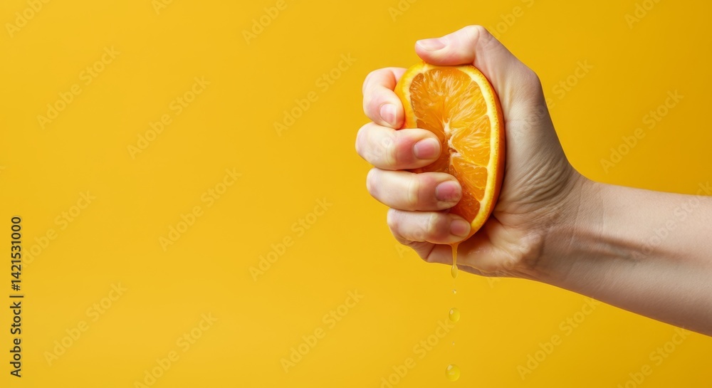 Fototapeta premium Hand squeezing fresh orange against bright yellow background with juice dripping