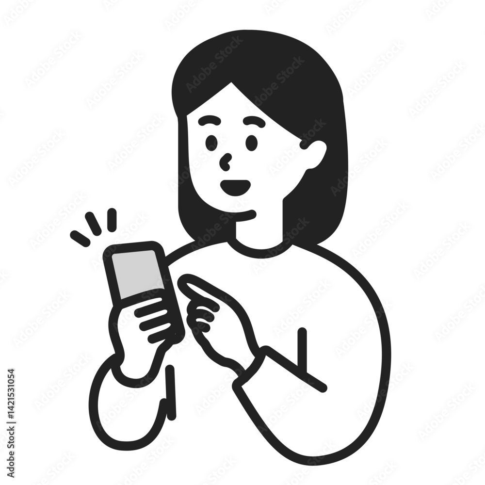 スマートフォンを操作する若い女性のシンプルなベクターイラスト素材
