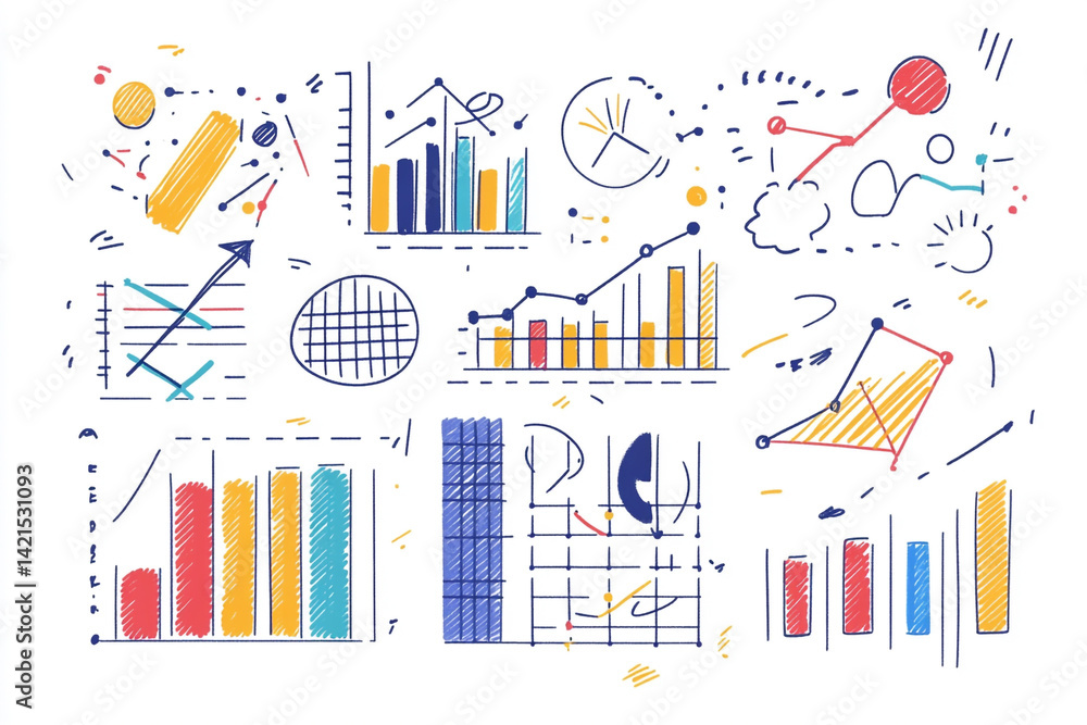 Obraz premium Colorful hand drawn charts graphs and diagrams business data visualization infographic