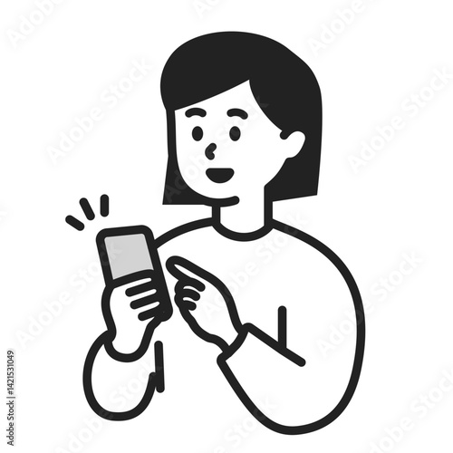 スマートフォンを操作する若い女性のシンプルなベクターイラスト素材
