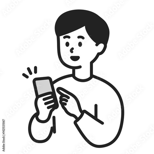 スマートフォンを操作する若い男性のシンプルなベクターイラスト素材
