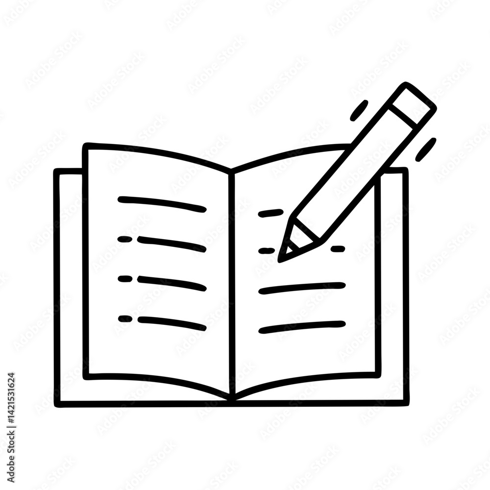 Open book with pencil writing notes in minimalist style Open book with pencil writing notes in minimalist style