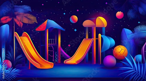 Nighttime Playground Fantasy: Neon Slides, Tropical Palms, and Glowing Spheres Under a Starlit Sky