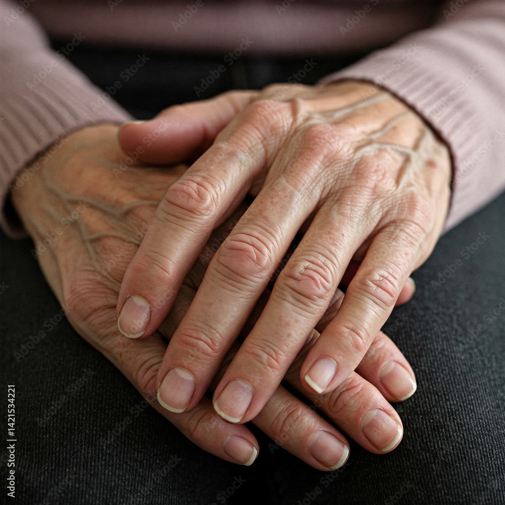 Fototapeta premium Hands of an old woman close up. hands of the elderly person. Hands of an old woman folded one over the other. Elderly woman with folded hands. 