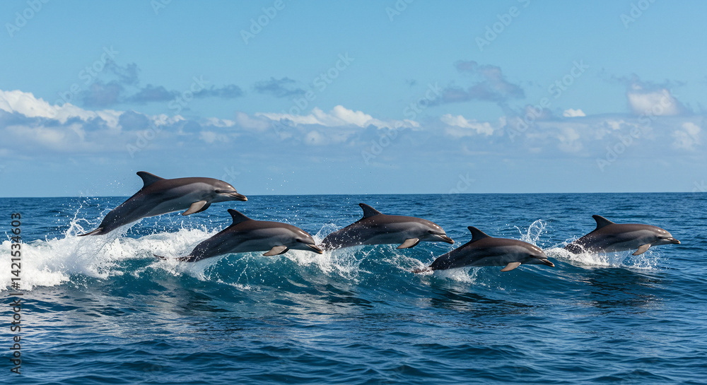 Fototapeta premium Dolphins Jumping Out of Water in the Open Ocean