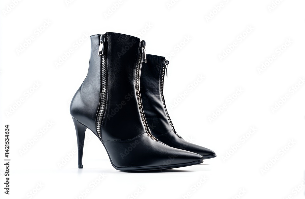 Elegant Black Leather Ankle Boots with Side Zips, High Heels, Pointed Toe Style for Women, Stylish Footwear Elegant Black Leather Ankle Boots with Side Zips, High Heels, Pointed Toe Style for Women, Stylish Footwear