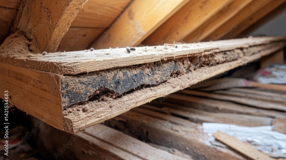 Wooden beam with visible termite trails and powdery dust on the floor below Wooden beam with visible termite trails and powdery dust on the floor below