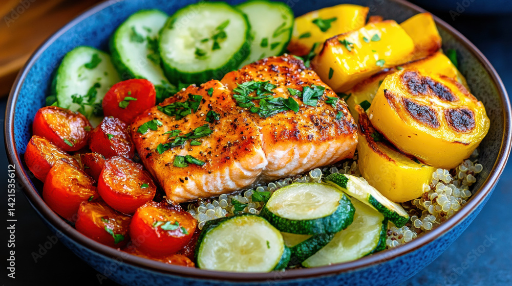 Salmon menu, A nutritious salmon and quinoa bowl featuring roasted vegetables, ideal for healthy meal options. Salmon menu, A nutritious salmon and quinoa bowl featuring roasted vegetables, ideal for healthy meal options.