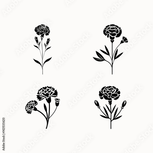 Minimalist Spray carnation flower Silhouette vector with logo Icon Set illustration