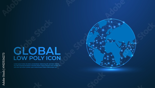 Low poly global icon on dark blue gradient background. Abstract polygonal globe symbol for worldwide connectivity, international networks, and digital communication.