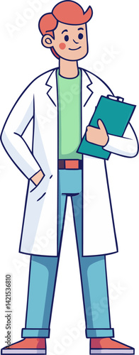 Friendly Male Doctor with Medical clipboard Vector, Flat Vector Illustration