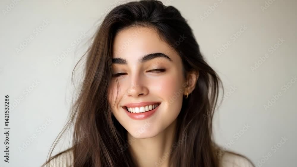 Smiling woman with long dark hair against a neutral backdrop Smiling woman with long dark hair against a neutral backdrop