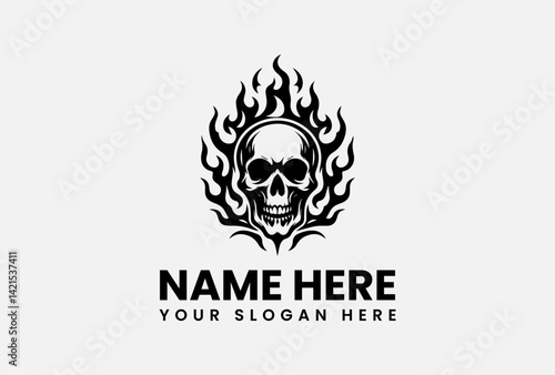 Fire skull vector logo template, flaming skull illustration with bold and intense graphic design