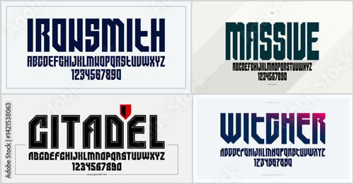 Brutal geometric vector fonts set, bold and massive alphabet typefaces, strong and heavy typeset collection, useful for logo creation, urban letters set.
